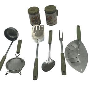 Vintage Chromium Plated Ekco USA Kitchen Utensil Lot Avocado Green Campbells S&P